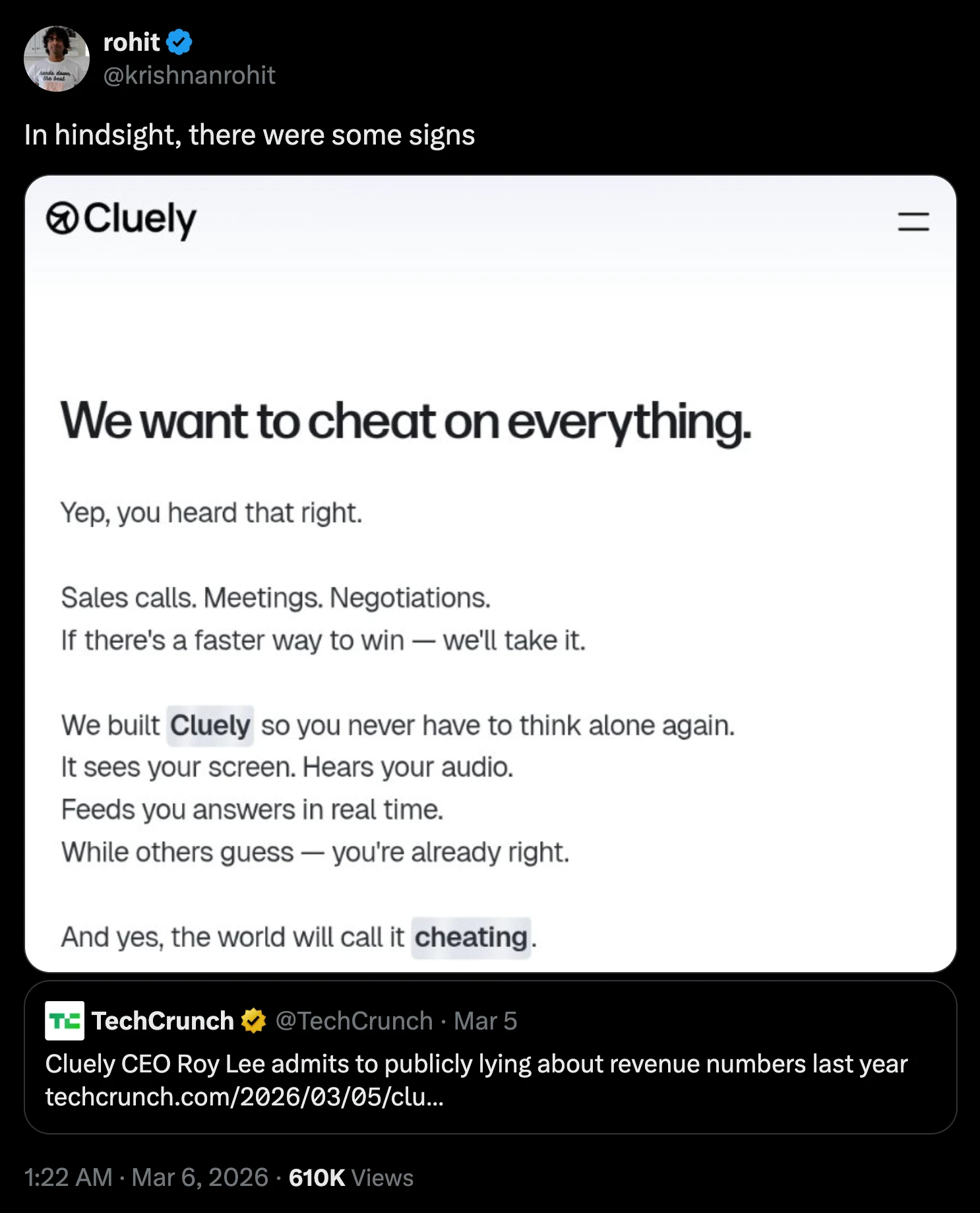 Cluely CEO Roy Lee admits to publicly lying about revenue numbers last year. Then, Krishnan Rohit outlines that their value proposition was fraud since the beginning