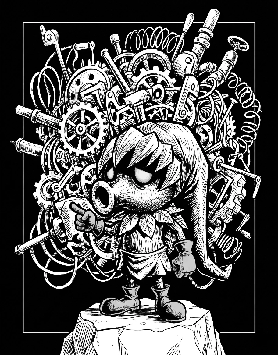 Illustration of a mojo engineer who loves showing how much he contributes to making an enormous incomprehensible machine even more unserviceable