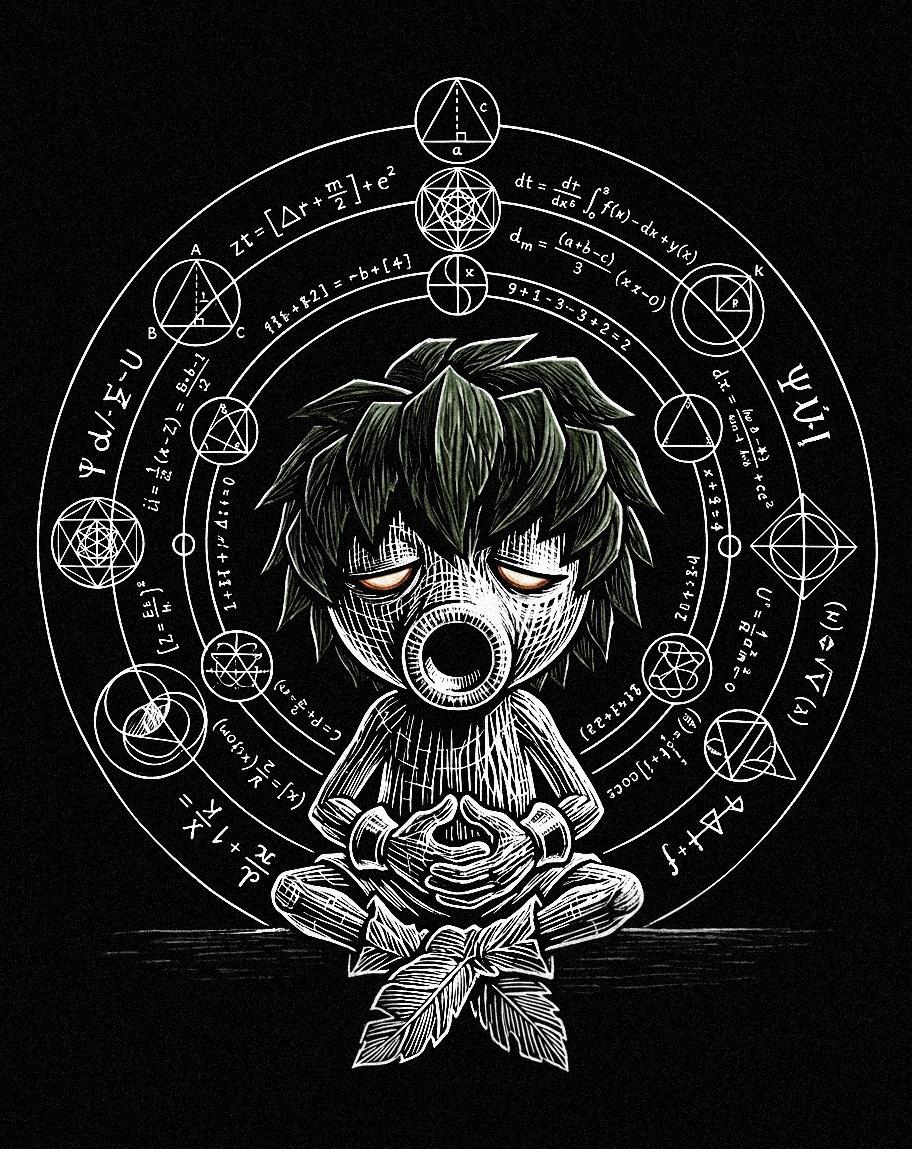 Illustration of a character in a state of fulfillment through an algebraic trance