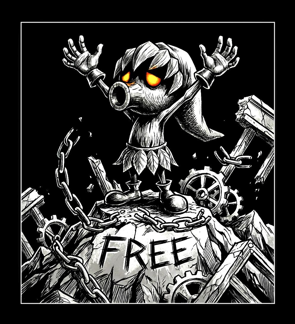 An illustration of a character who is finally free after a long period of unreasonable constraints