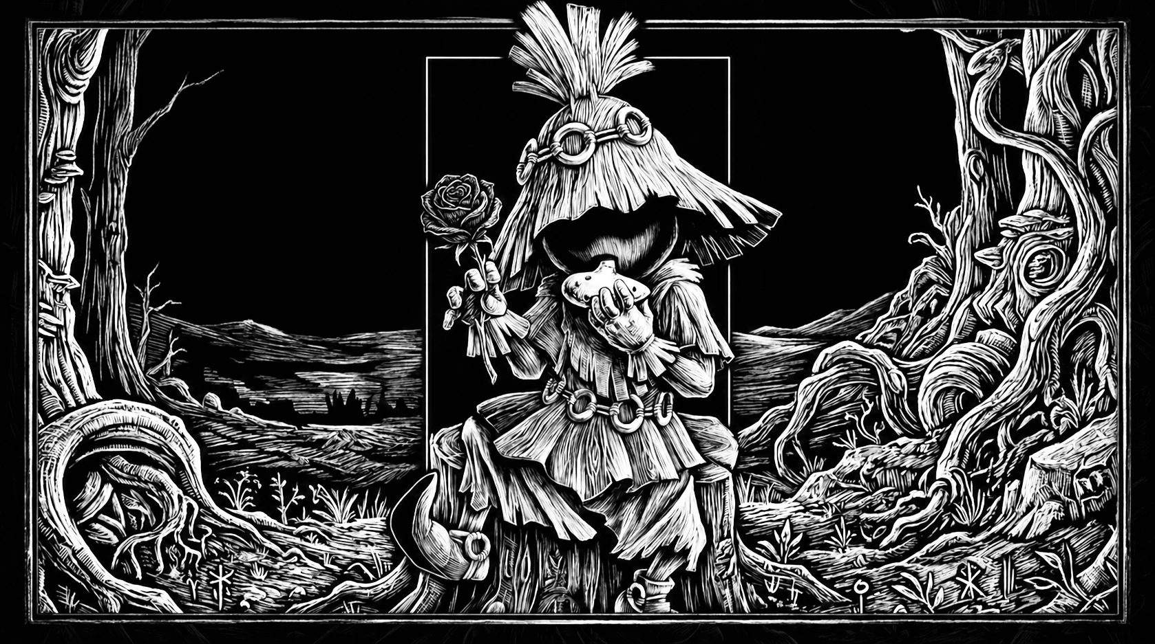 Illustration of a relaxed character simply playing ocarina in their own world, unbothered by the surrounding chaos, ocarina in one hand and a flower in the other