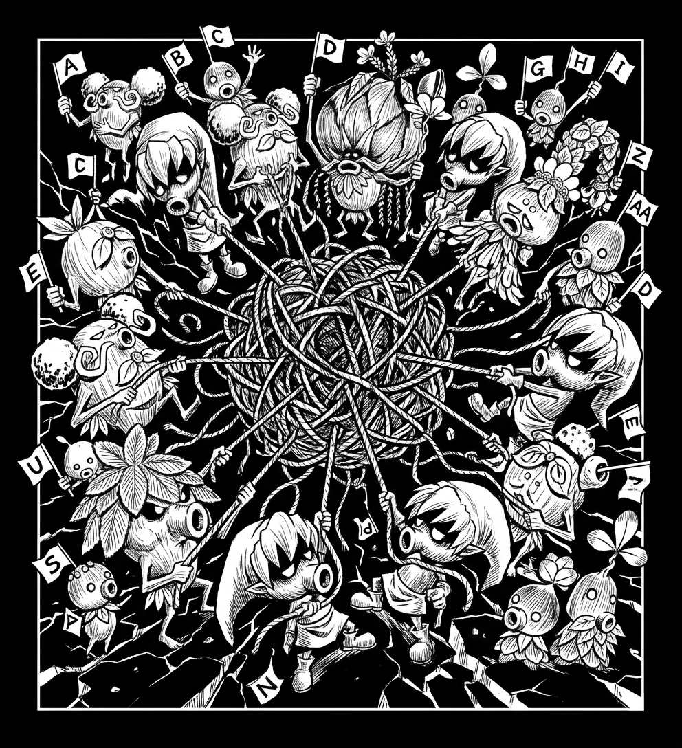 Illustration of children tangled in a knot of rope, each pulling on their own cord, each waving a flag for their "SOLUTION"